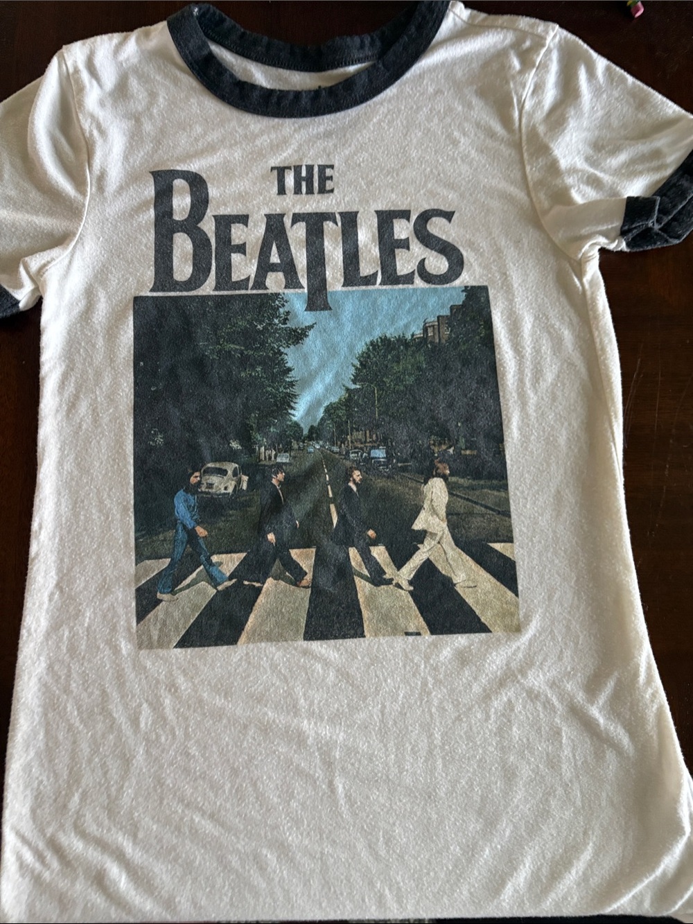 The Beatles White Ringer Tee with Black Trim and Abbey Road Graphic